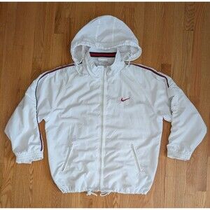 Vintage 90s Windbreaker Jacket Men Large White Lined Sleeve Pocket Hooded Rare